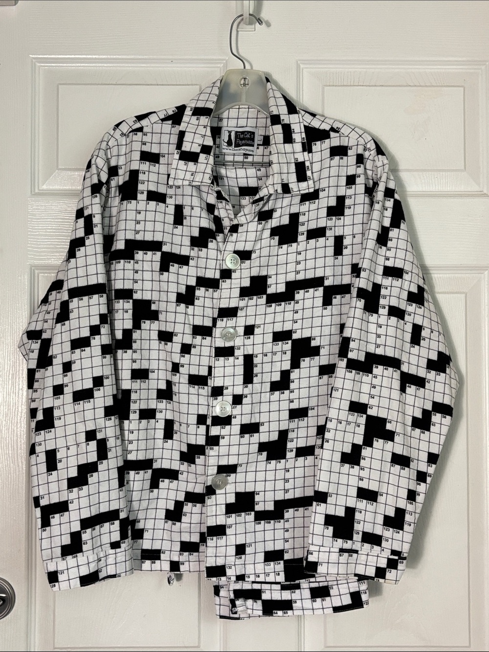 The Cat’s Pajamas Black & White Crossword Print PJs Sz Large Unisex Cotton